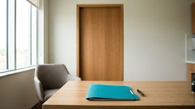 Kameralny gabinet konsultacyjny z zamkniętymi drzwiami i teczką na biurku
