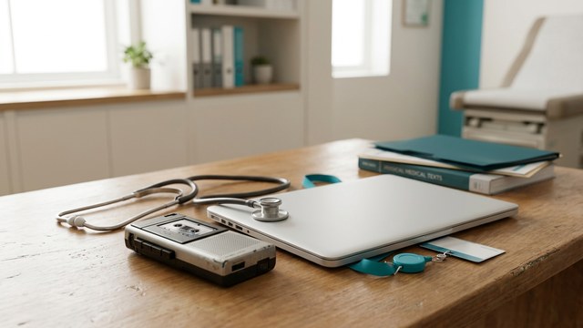 Dyktafon kasetowy obok laptopa i stetoskopu - dyktowanie w medycynie dawniej i dziś