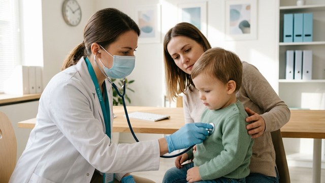 Pediatra bada małe dziecko na kolanach mamy, klawiatura odsunięta na bok biurka